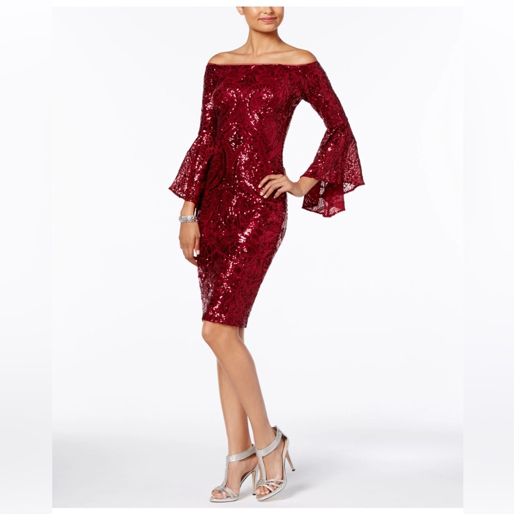 Betsy & Adam Sequined Bell-Sleeve Dress Off Shoulder Sz 14 W Valentine’s $259